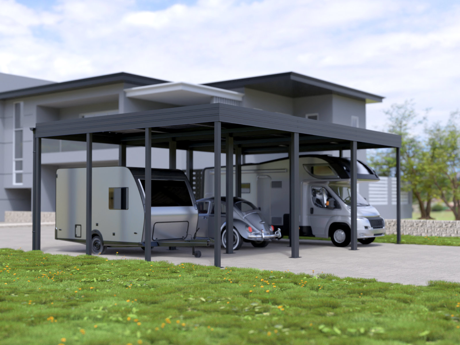 Großer Carport für verschiedene Fahrzeuge, einschließlich Wohnmobil, Wohnwagen und klassischem Auto